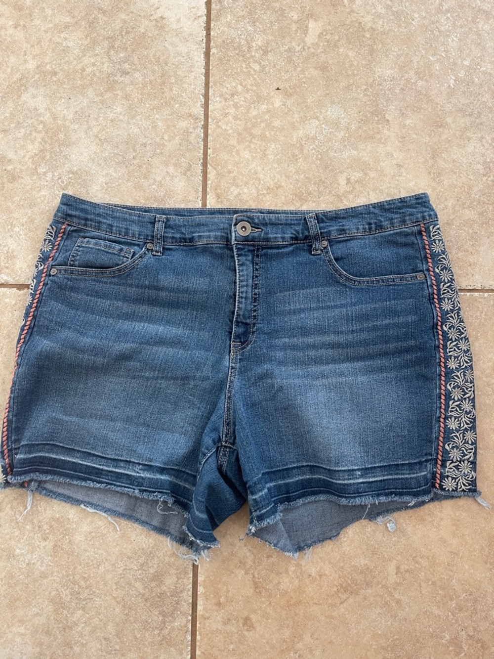 Terra & Sky Blue Denim Shorts with Embroidered Side Trim